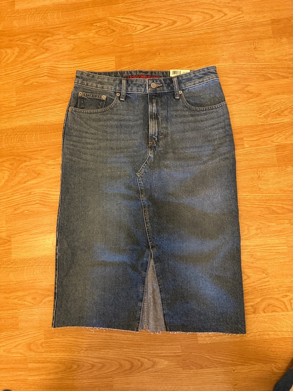 Denim Midi Pencil Skirt with Front Vent - Dark Blue